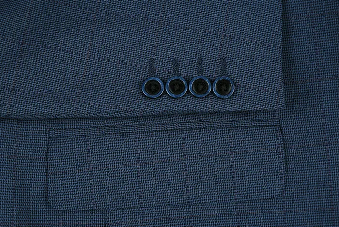 100% Wool Mini Check Pattern Regular Fit 2 Button Blazer in Blue