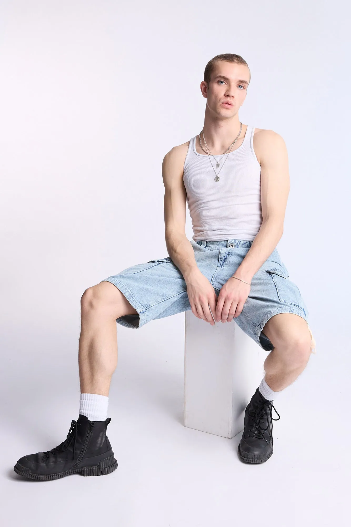 Arsenic Mens Loose Denim Cargo Shorts