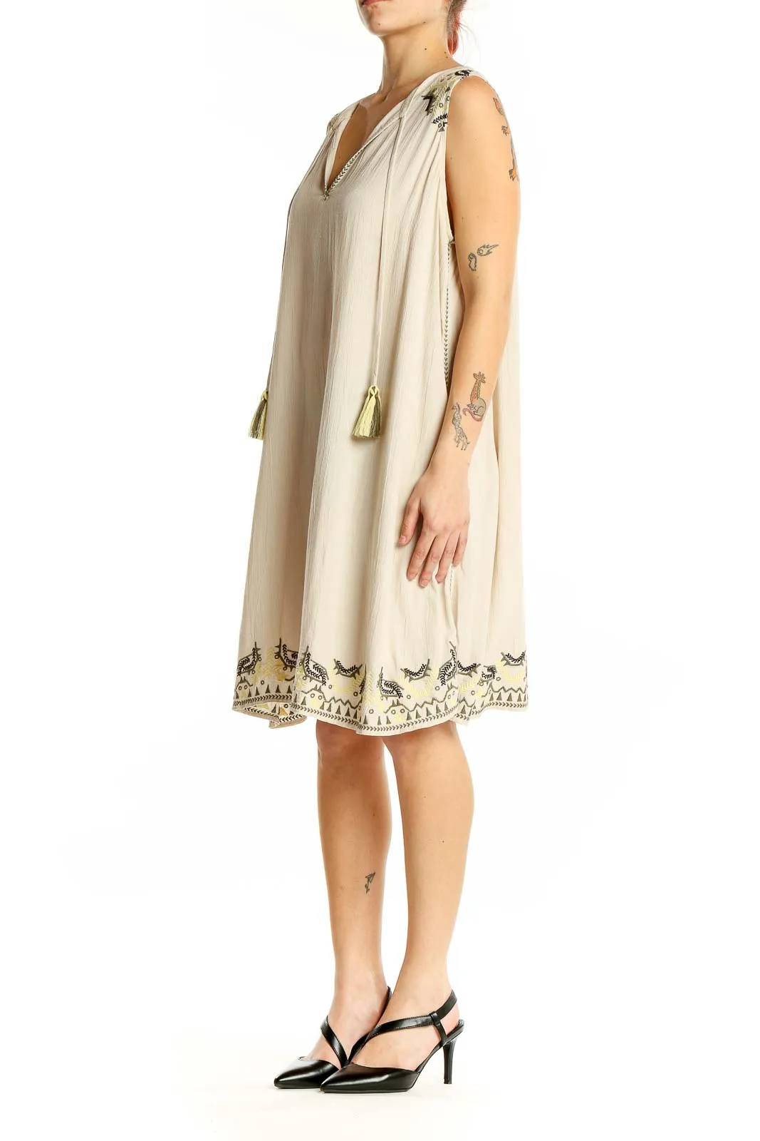 Beige Embroidered Sleeveless Shift Dress