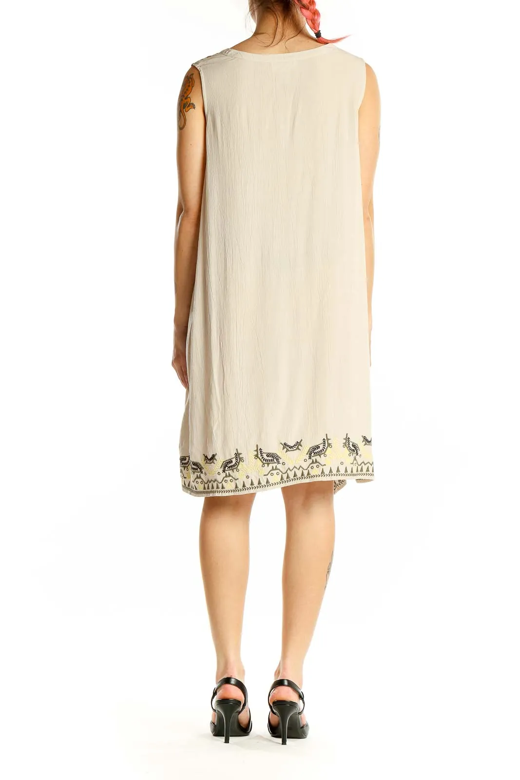 Beige Embroidered Sleeveless Shift Dress