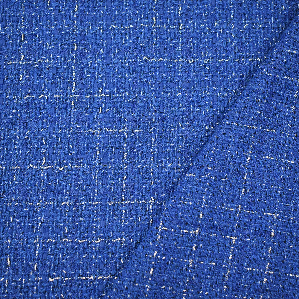 Blue-Silver Famous Designer Cotton Blend Metallic Check Tweed Woven Fabric