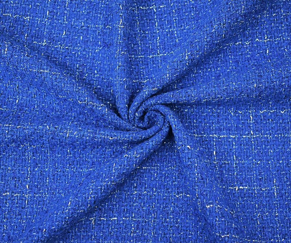 Blue-Silver Famous Designer Cotton Blend Metallic Check Tweed Woven Fabric