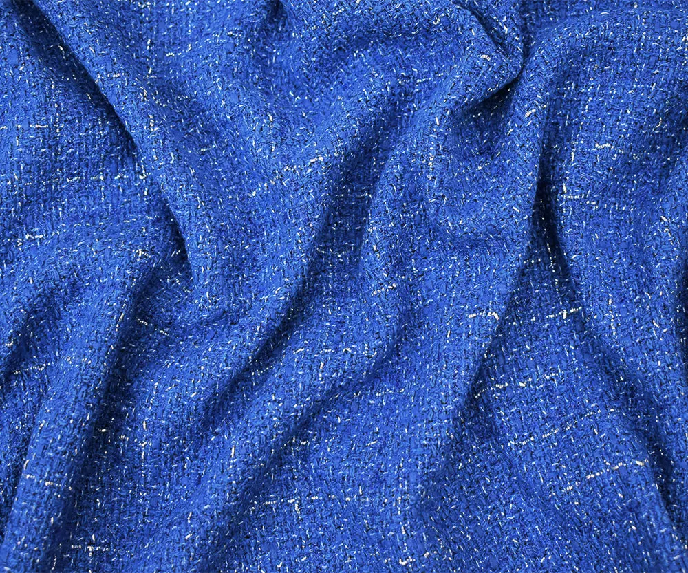 Blue-Silver Famous Designer Cotton Blend Metallic Check Tweed Woven Fabric