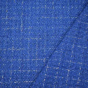 Blue-Silver Famous Designer Cotton Blend Metallic Check Tweed Woven Fabric