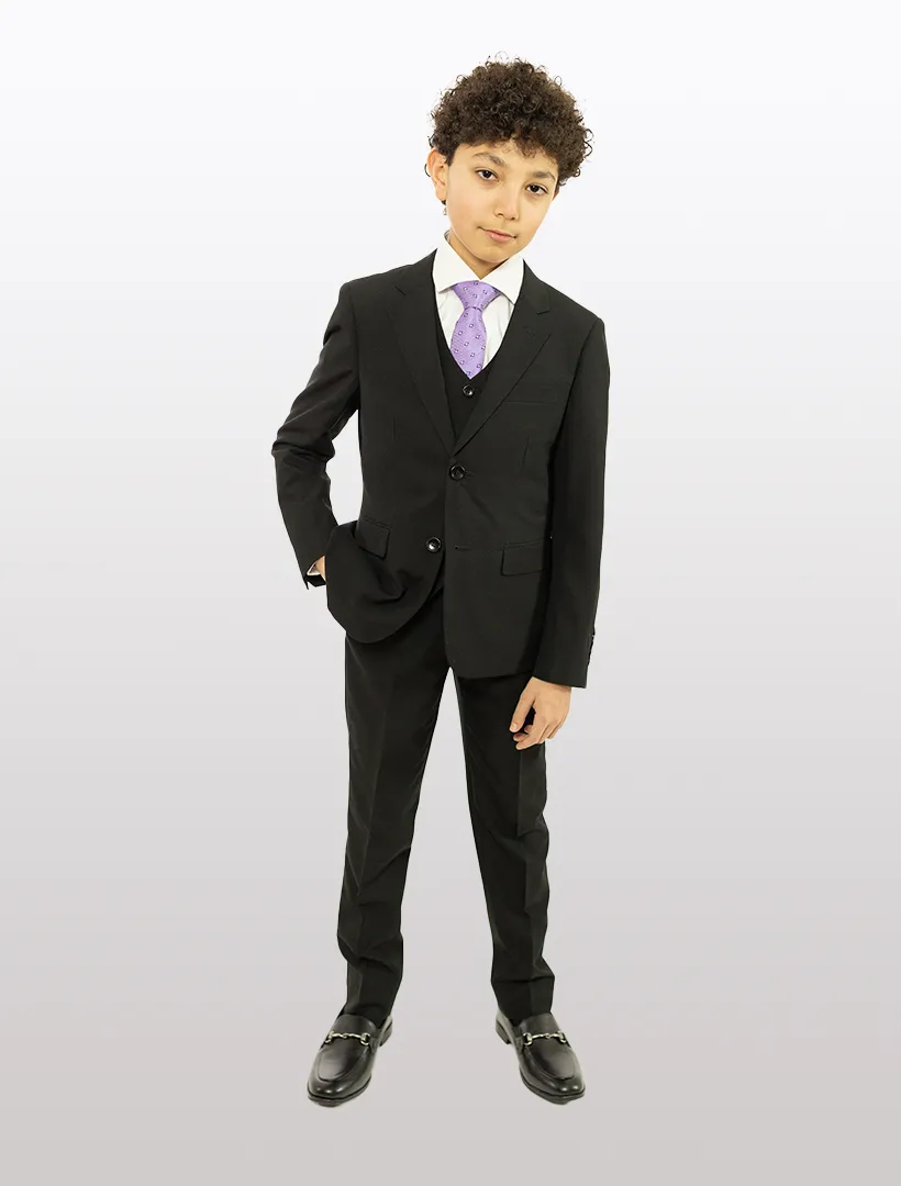 Boys' Black Classic Fit Vested Suit
