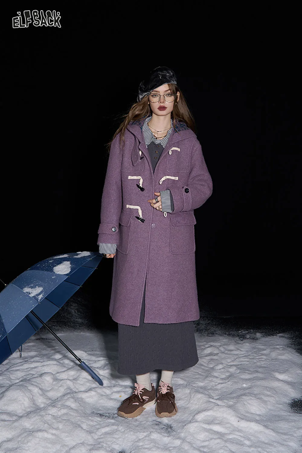 ELFSACK 2024 Winter New Arrivals Purple buttoned hooded long wool coat