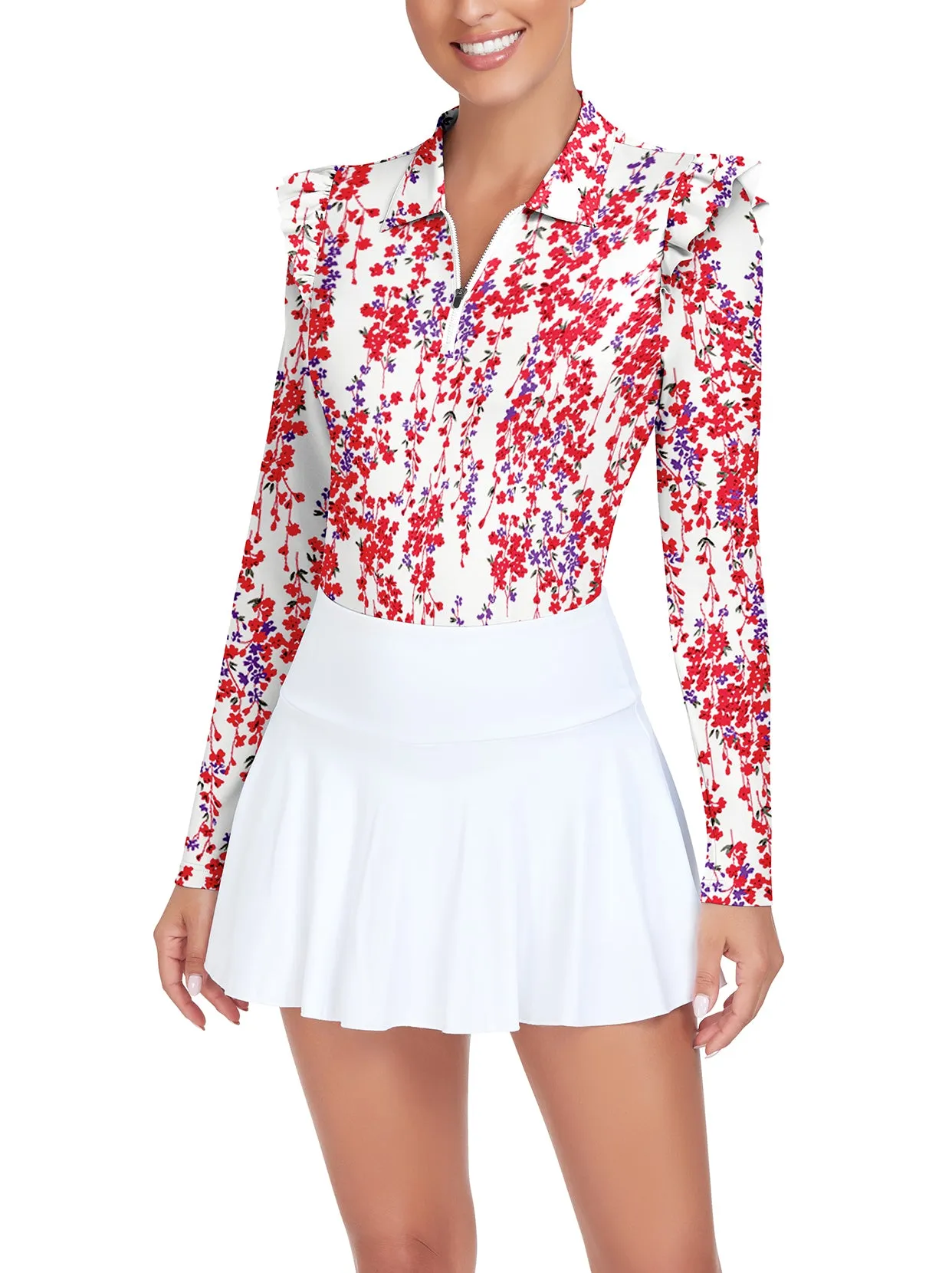 Floral Ruffle Shoulder Long-sleeve Polo Shirt For Ladies