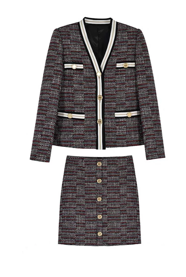 Front Pockets V-neck Tweed Jacket & Short Skirt Suit