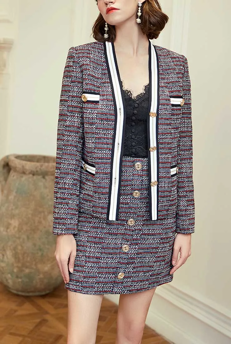 Front Pockets V-neck Tweed Jacket & Short Skirt Suit