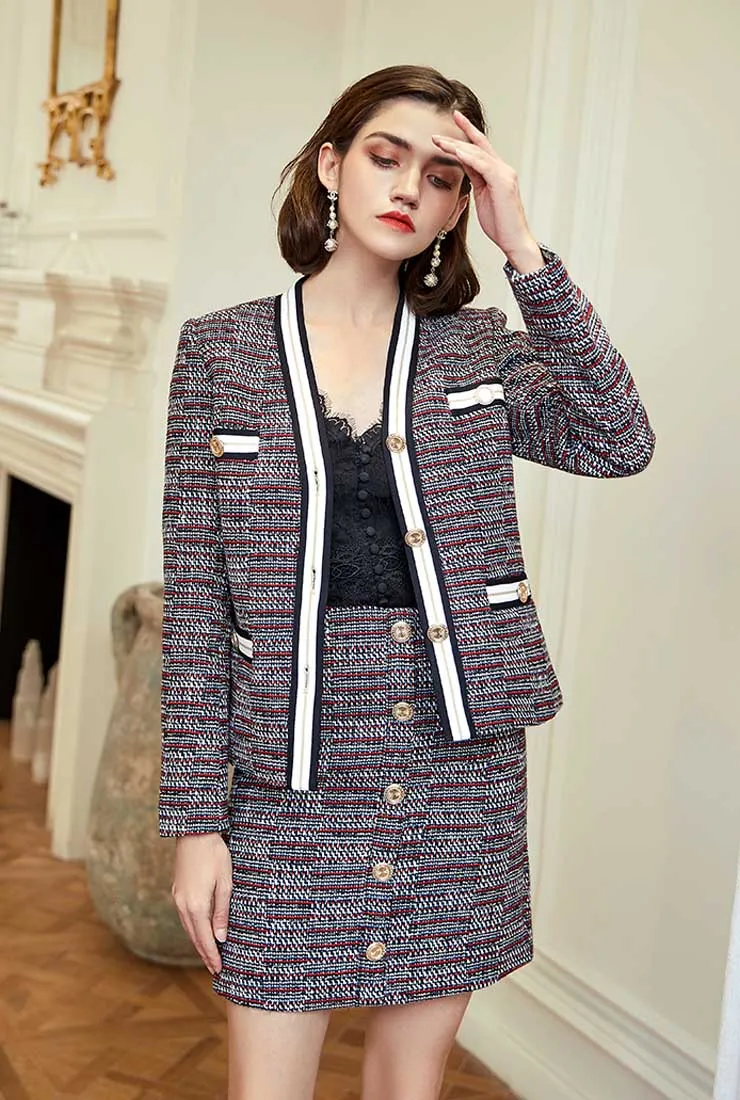 Front Pockets V-neck Tweed Jacket & Short Skirt Suit