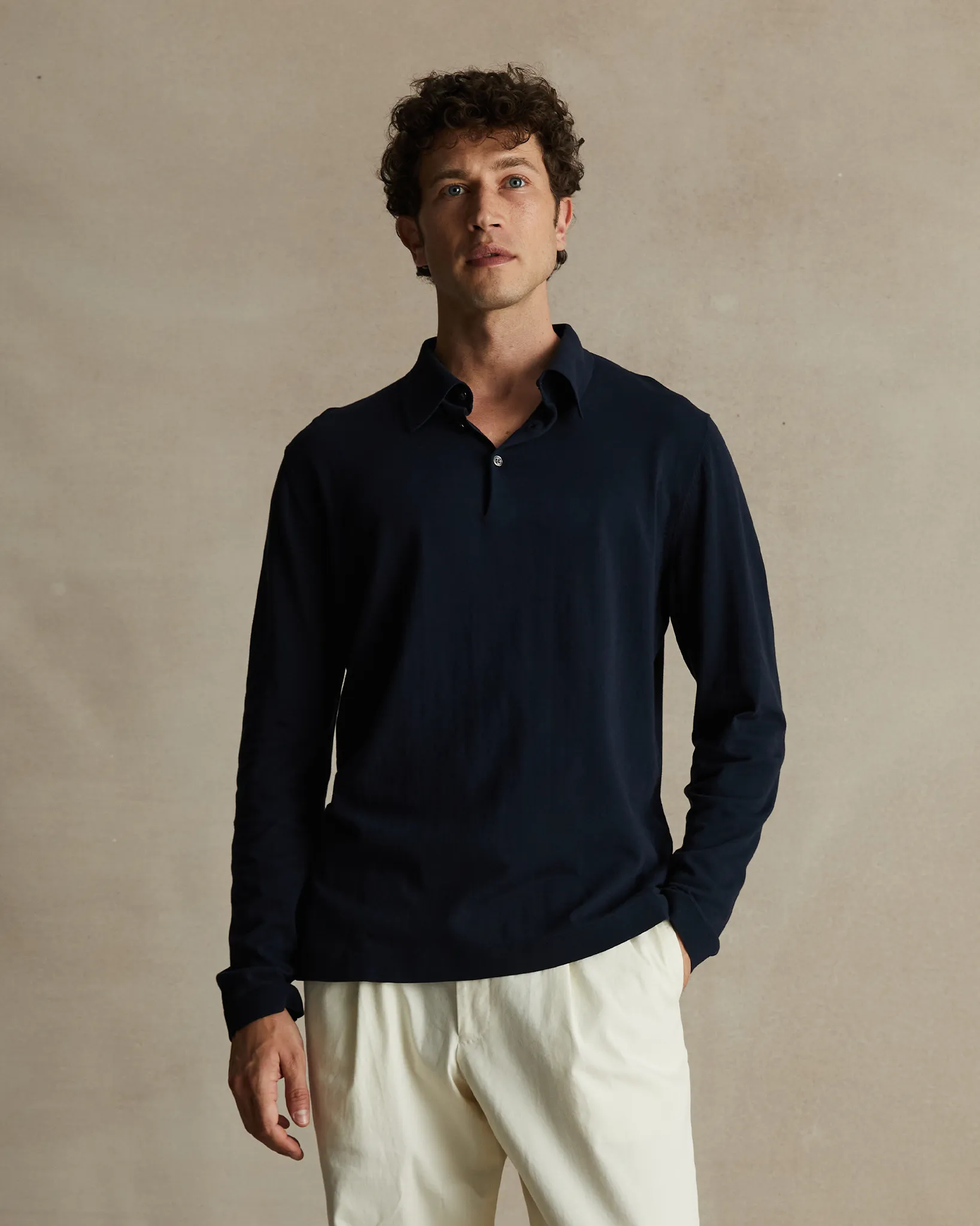 Ice Cotton Long Sleeve Polo - Navy