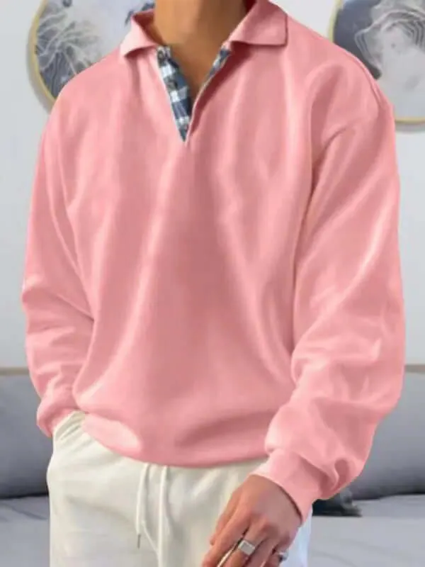 Men's Polo Shirt- Loose Fit, Solid Color w/ Long-Sleeves
