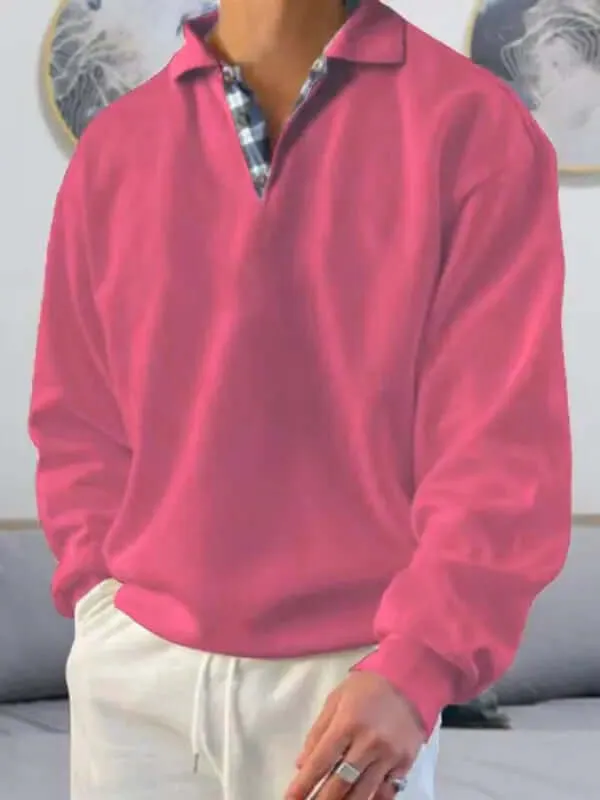 Men's Polo Shirt- Loose Fit, Solid Color w/ Long-Sleeves