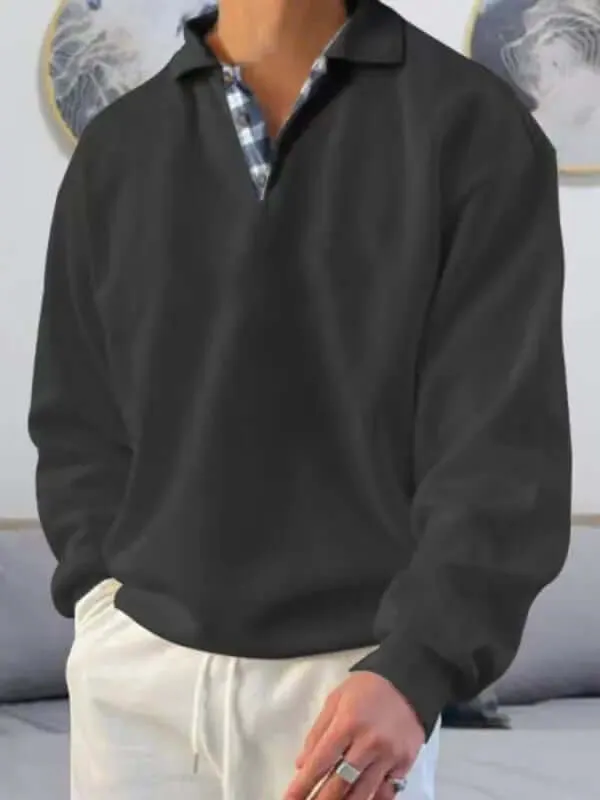 Men's Polo Shirt- Loose Fit, Solid Color w/ Long-Sleeves