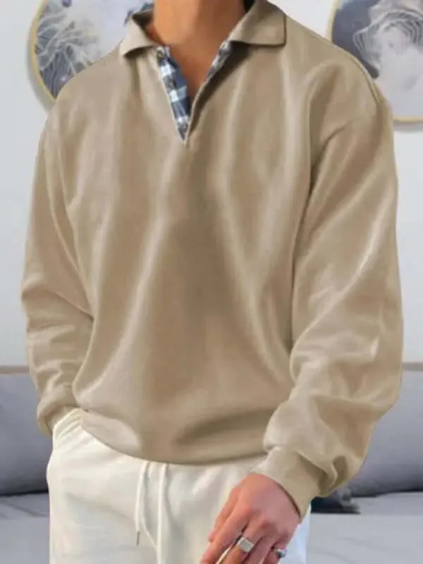 Men's Polo Shirt- Loose Fit, Solid Color w/ Long-Sleeves