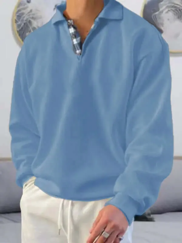 Men's Polo Shirt- Loose Fit, Solid Color w/ Long-Sleeves