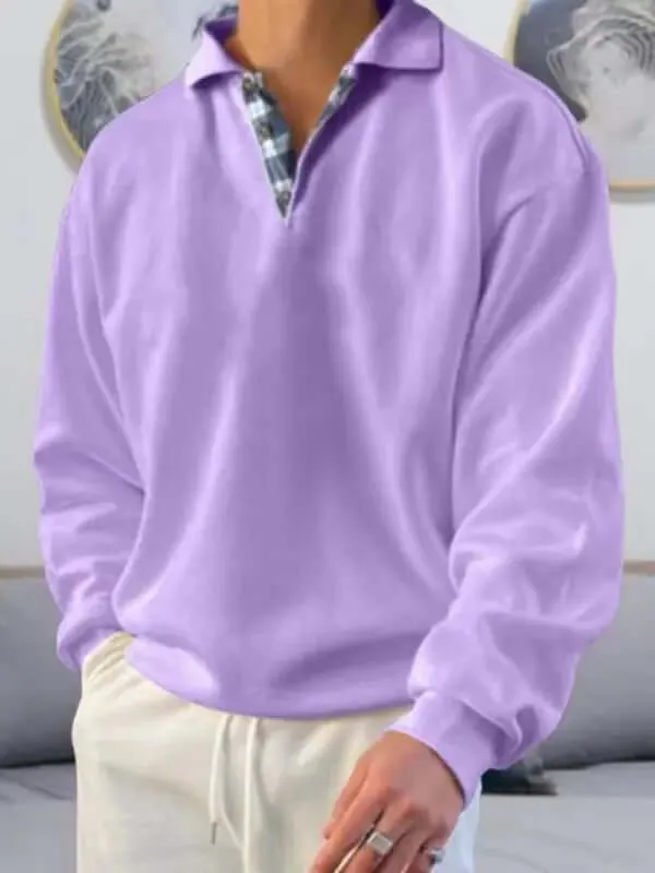 Men's Polo Shirt- Loose Fit, Solid Color w/ Long-Sleeves