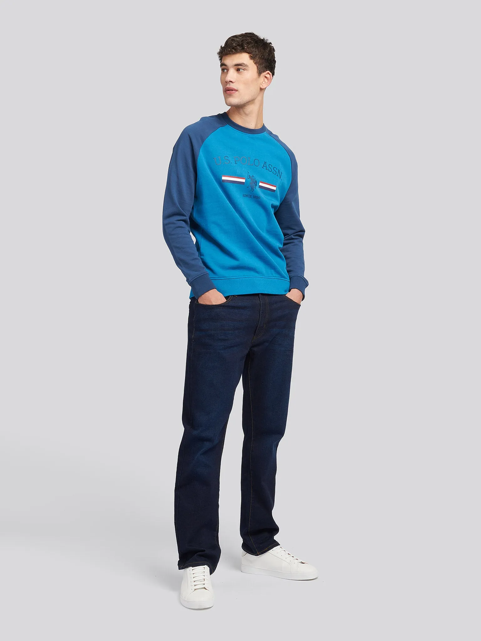 Mens Raglan Rider Crew Neck Sweater in True Blue