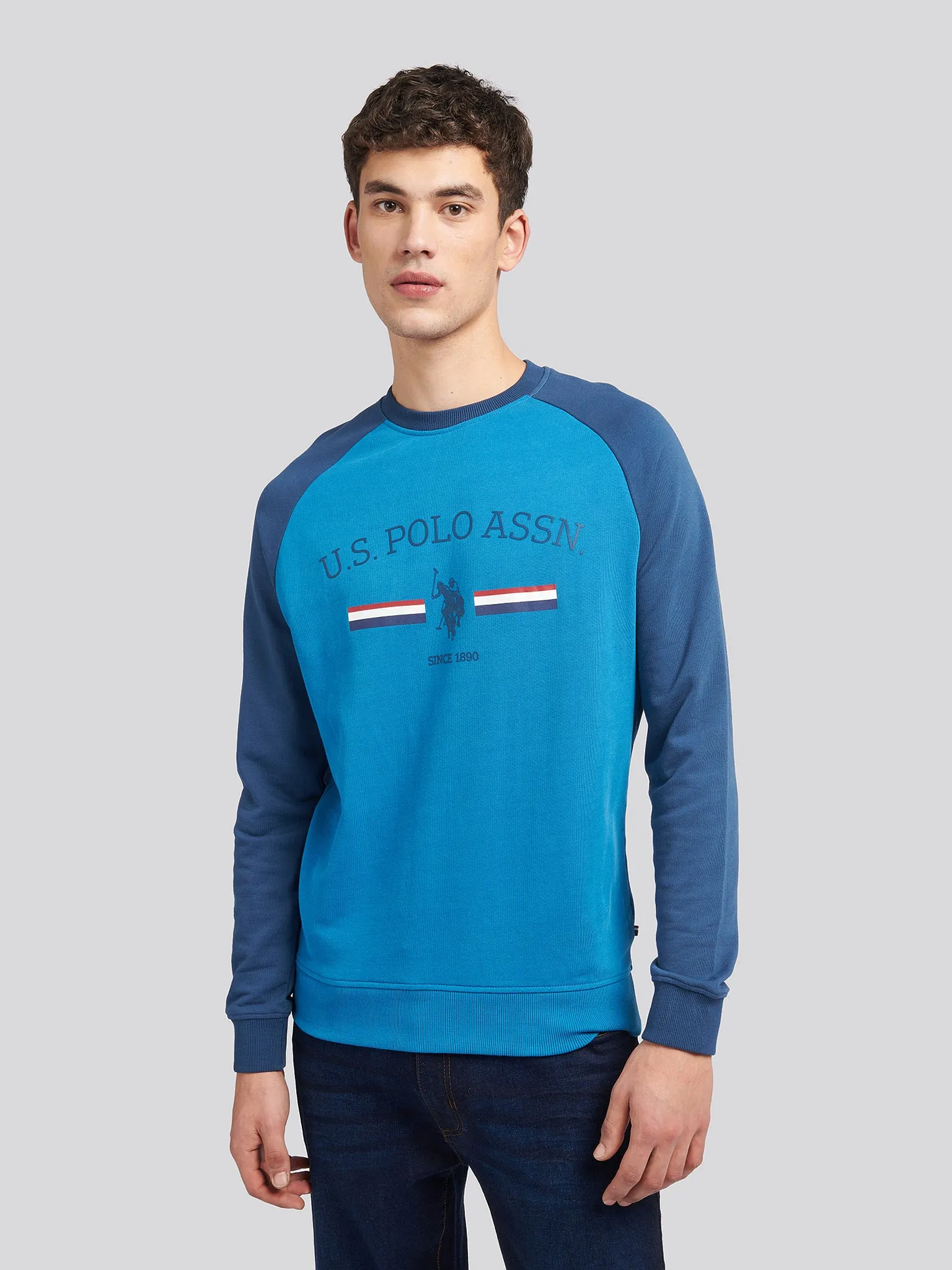 Mens Raglan Rider Crew Neck Sweater in True Blue