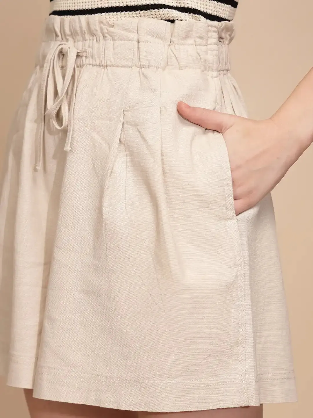 Natural Linen Blend Relaxed Fit Shorts For Women