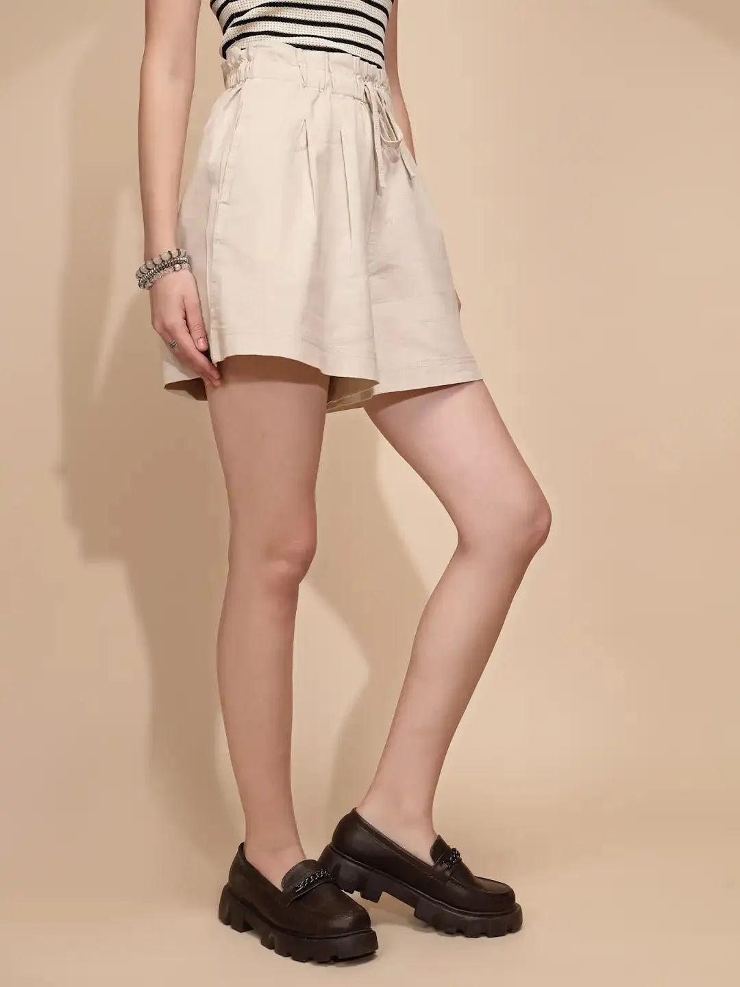 Natural Linen Blend Relaxed Fit Shorts For Women