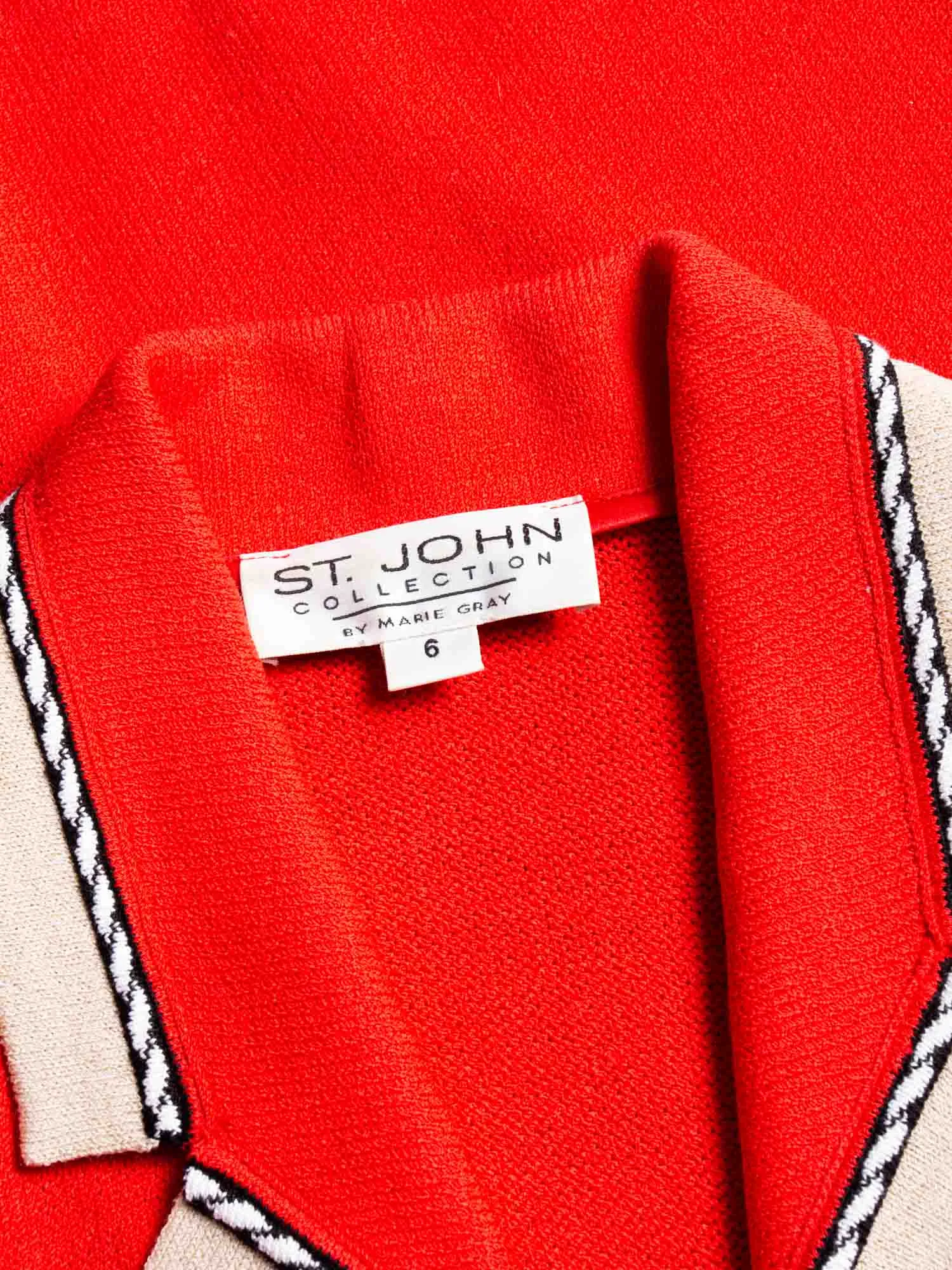 St. John Logo Tweed Knit Buttoned Cardigan Red Beige Gold
