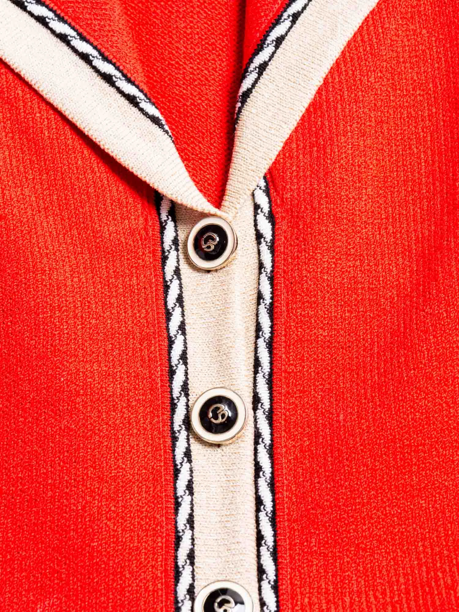 St. John Logo Tweed Knit Buttoned Cardigan Red Beige Gold