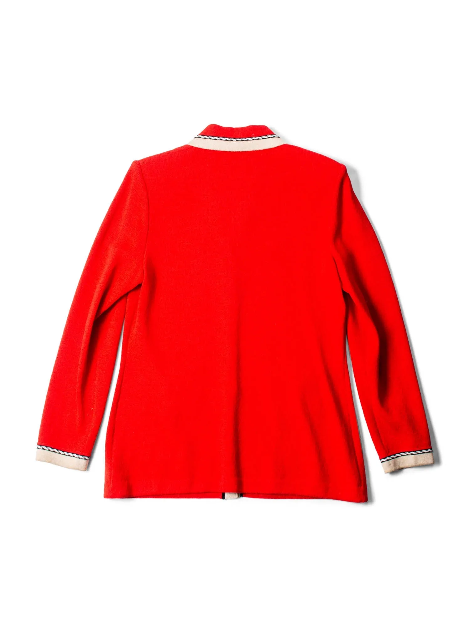 St. John Logo Tweed Knit Buttoned Cardigan Red Beige Gold