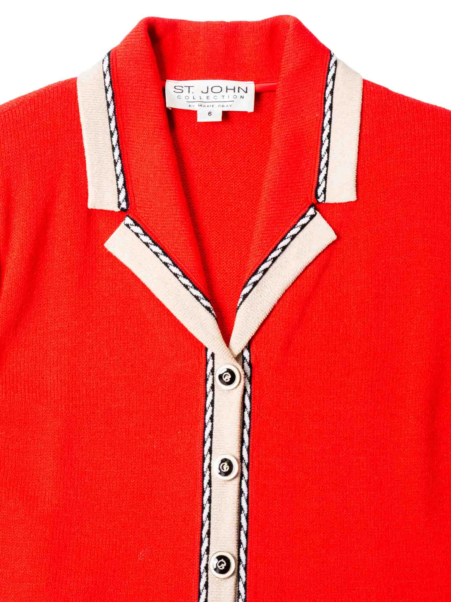 St. John Logo Tweed Knit Buttoned Cardigan Red Beige Gold