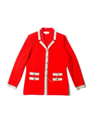 St. John Logo Tweed Knit Buttoned Cardigan Red Beige Gold