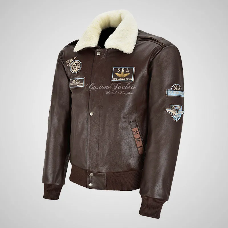 TRAP Leather Bomber Pilot Jacket With Detachable Fur Collar