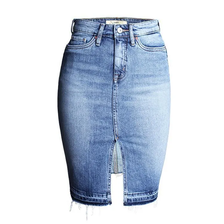 Women Jean Skirt Washed Denim Skirt High Waist